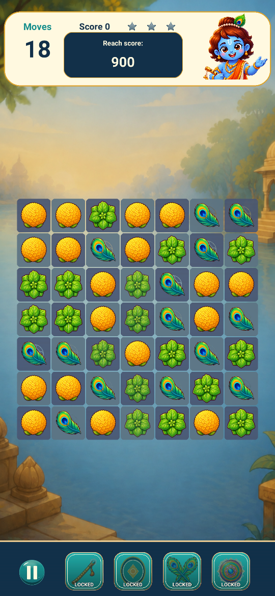 Krishna Match gameplay screen with a colorful match board