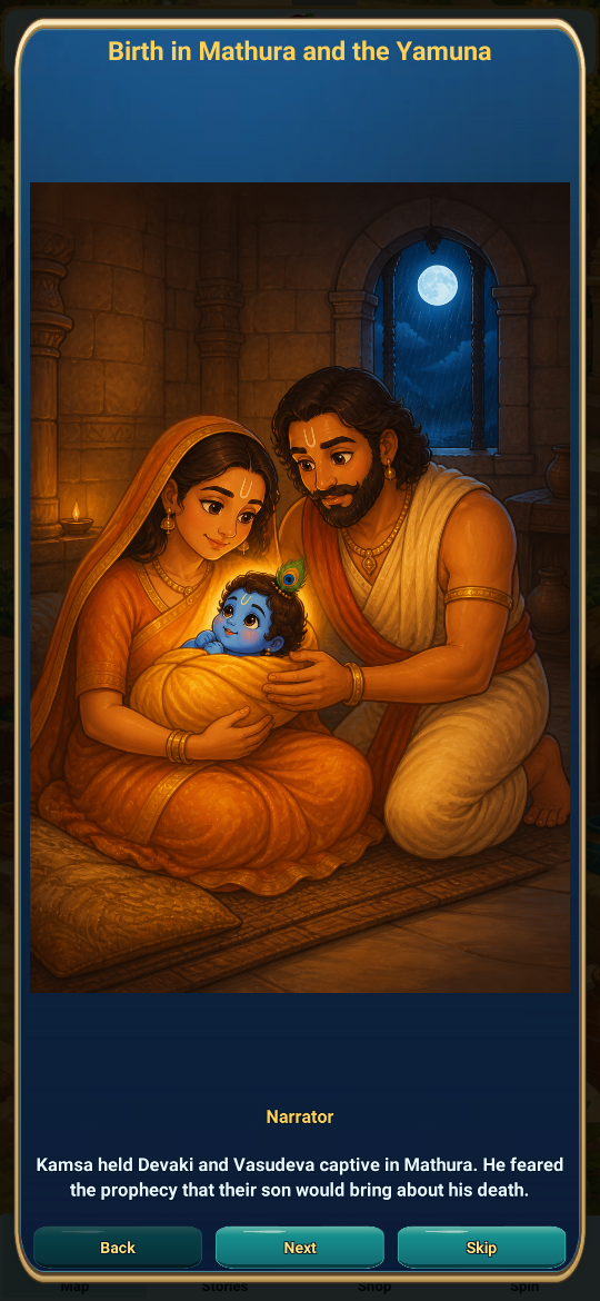 Krishna Match story screen showing an illustrated narrative moment